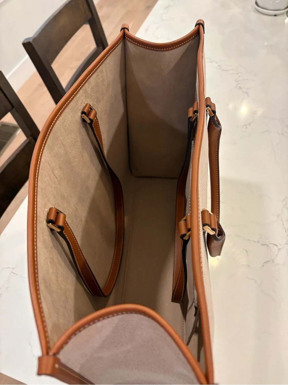Tory Burch Beige Canvas Tote with Brown Leather Trim
